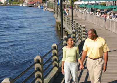 couple walking down riverwalk