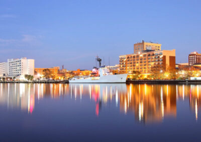 military ship on river