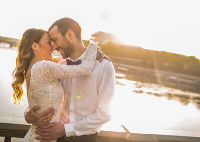 bride and groom at sunset